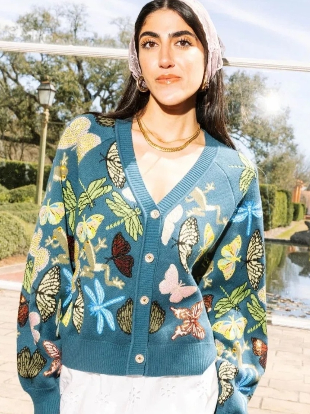 QUEEN OF SPARKLES Teal Floral ,Butterfly, Frog And Dragonfly Cardigan/Dress Set